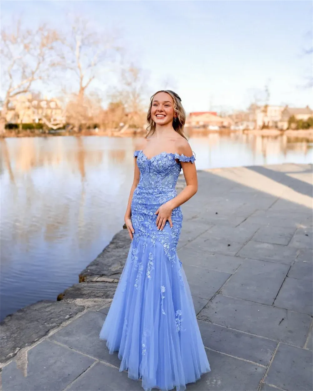 Blue Embroidery Tulle Mermaid Evening Dresses