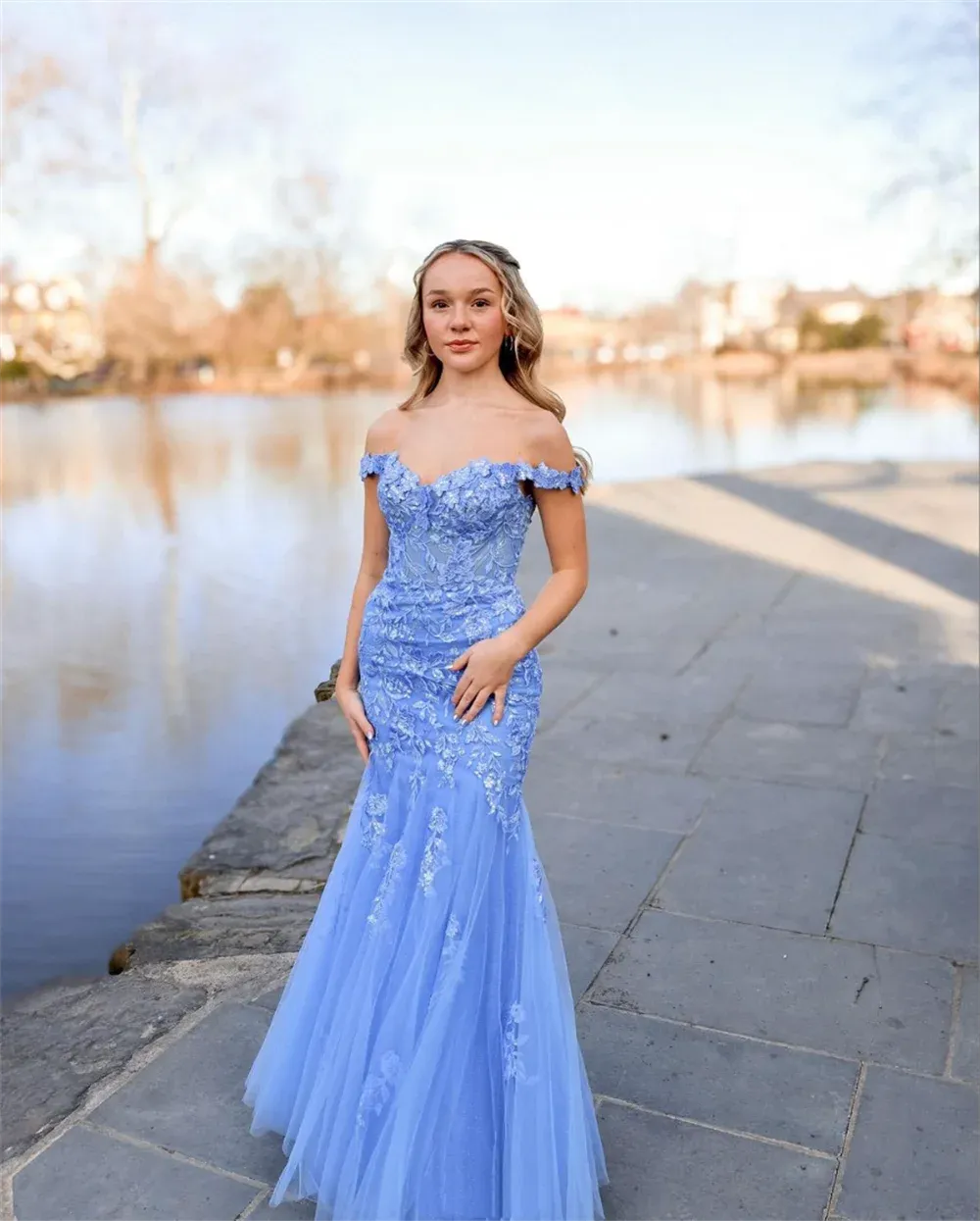 Blue Embroidery Tulle Mermaid Evening Dresses