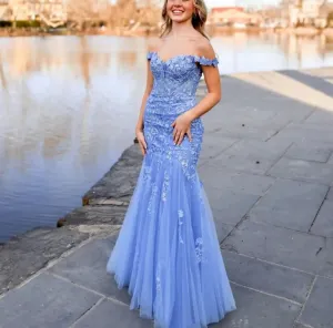 Blue Embroidery Tulle Mermaid Evening Dresses