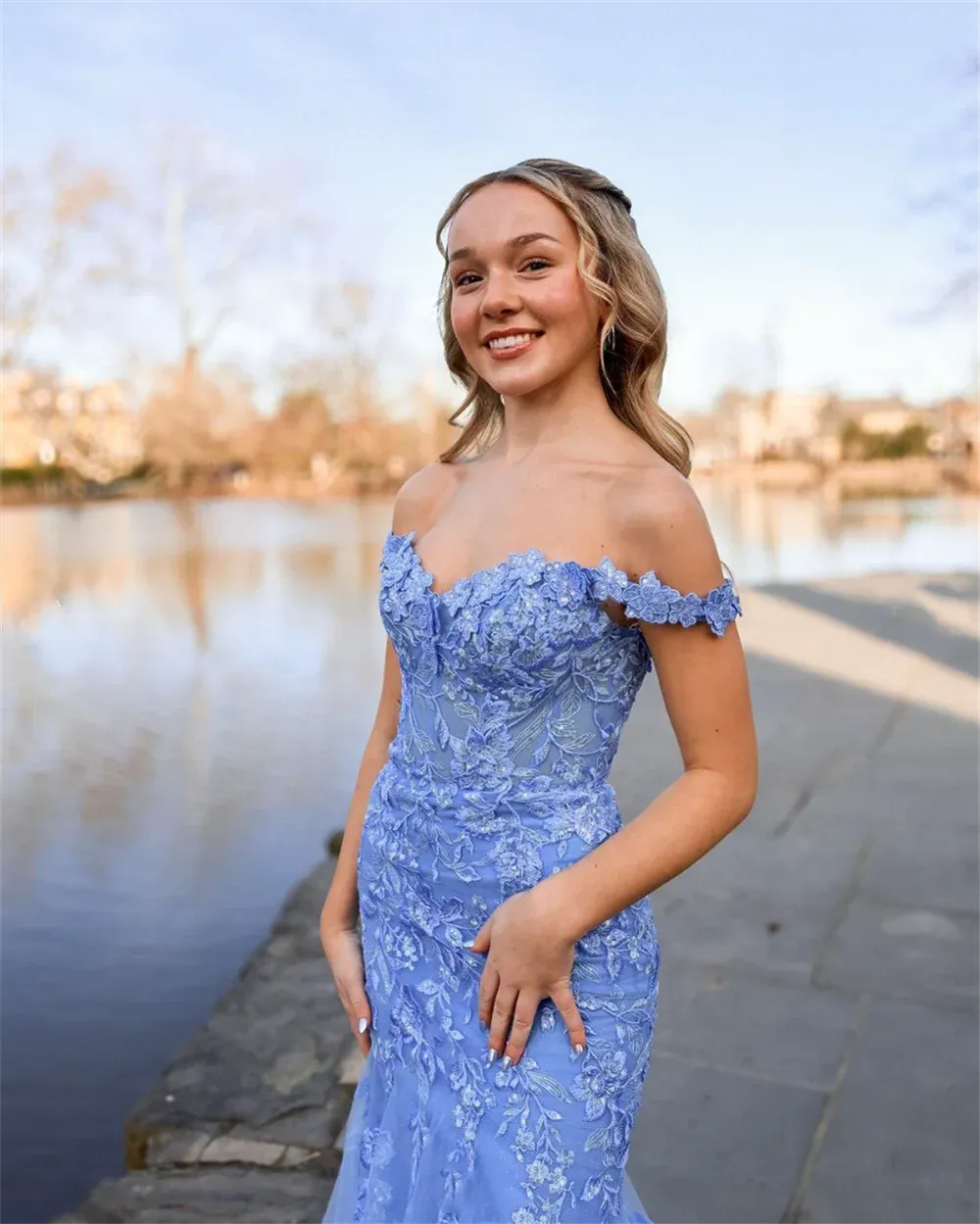 Blue Embroidery Tulle Mermaid Evening Dresses
