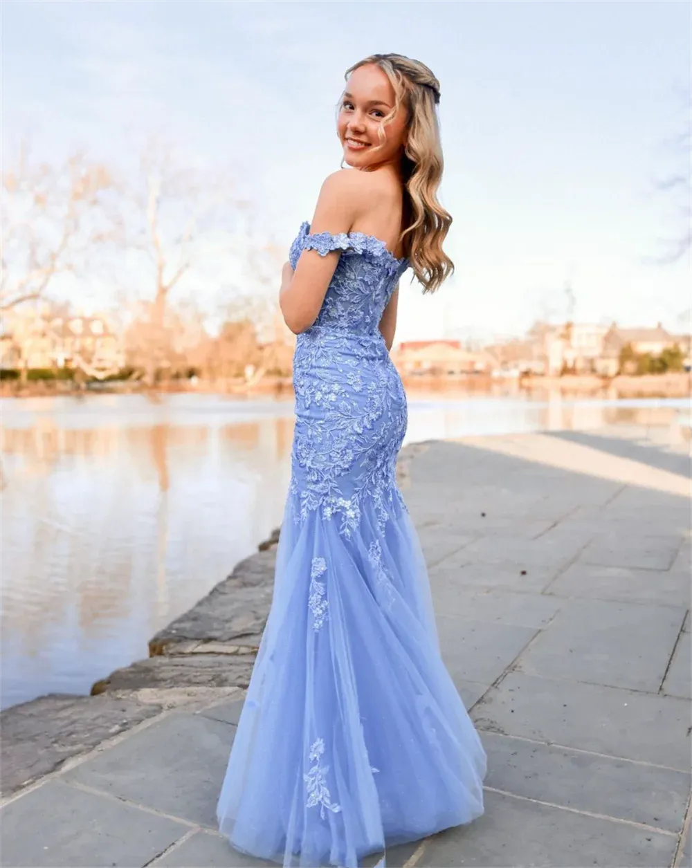 Blue Embroidery Tulle Mermaid Evening Dresses