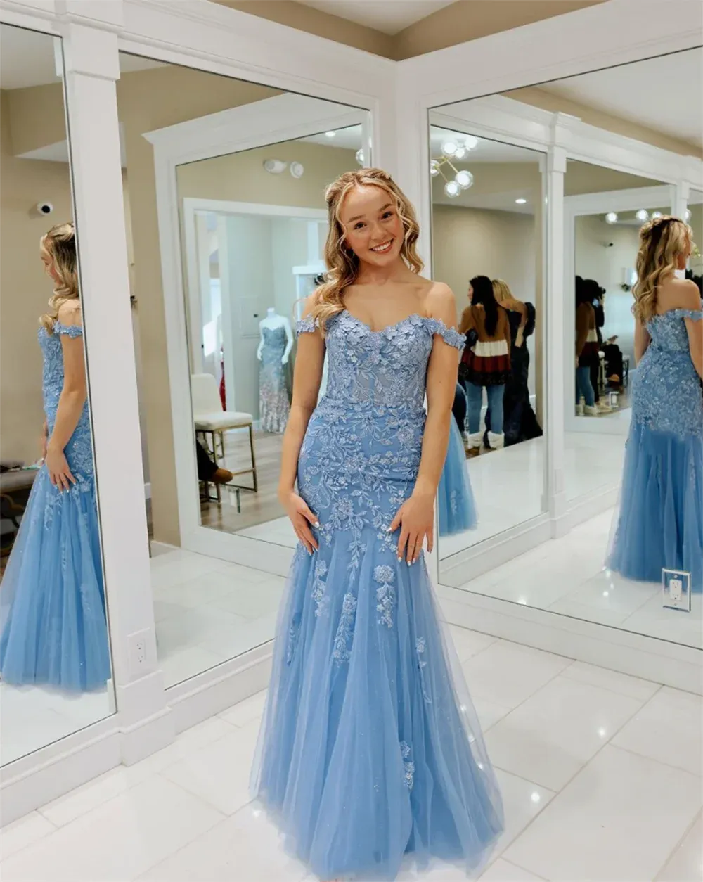Blue Embroidery Tulle Mermaid Evening Dresses