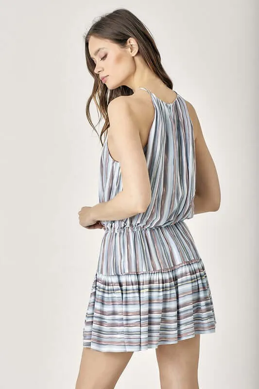 Blue Keyhole Neck Stripe Printed Mini Dress