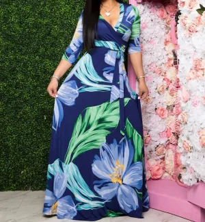Blue Leaf Womens Casual Floral Print Long Maxi Dress Plus Size Plain Party Outfits - JTNFairy