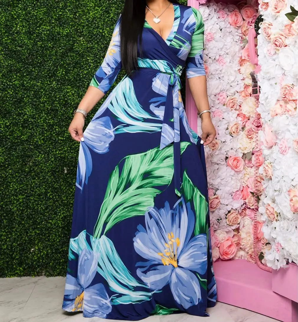 Blue Leaf Womens Casual Floral Print Long Maxi Dress Plus Size Plain Party Outfits - JTNFairy