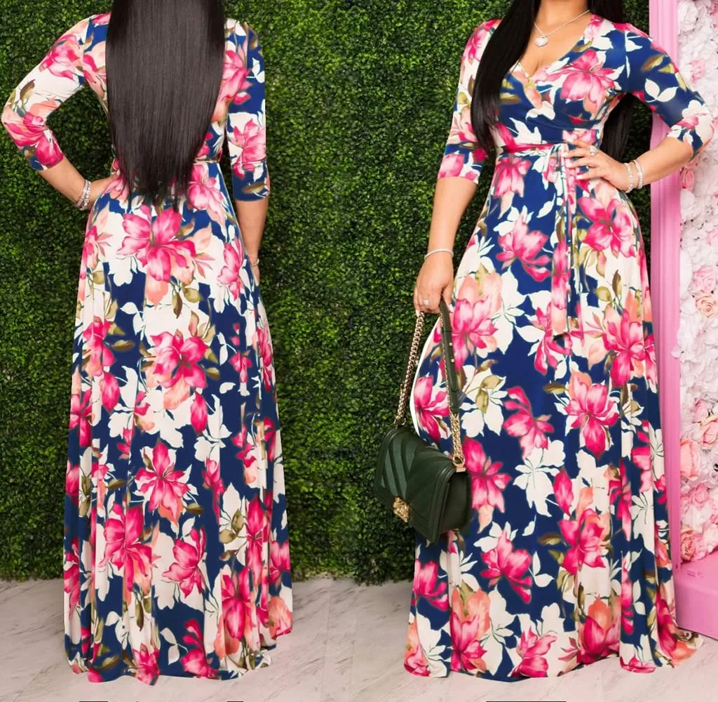 Blue Leaf Womens Casual Floral Print Long Maxi Dress Plus Size Plain Party Outfits - JTNFairy