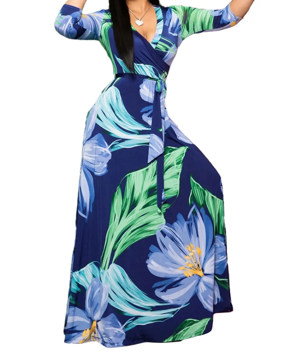 Blue Leaf Womens Casual Floral Print Long Maxi Dress Plus Size Plain Party Outfits - JTNFairy
