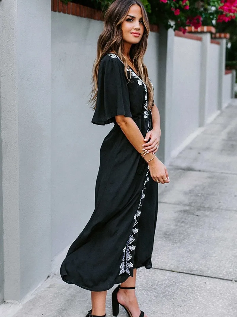 Boho Midi Dress, Beach Dress, Embroidered Dress, Holly in Black
