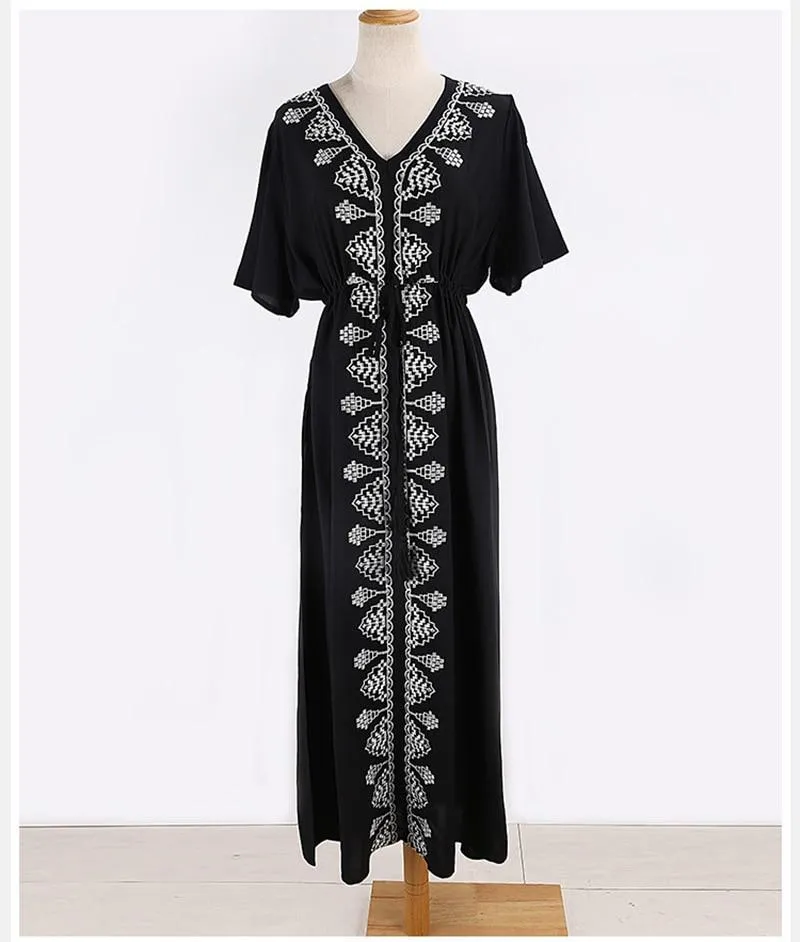 Boho Midi Dress, Beach Dress, Embroidered Dress, Holly in Black