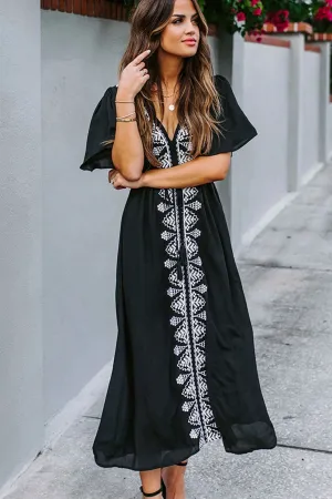 Boho Midi Dress, Beach Dress, Embroidered Dress, Holly in Black