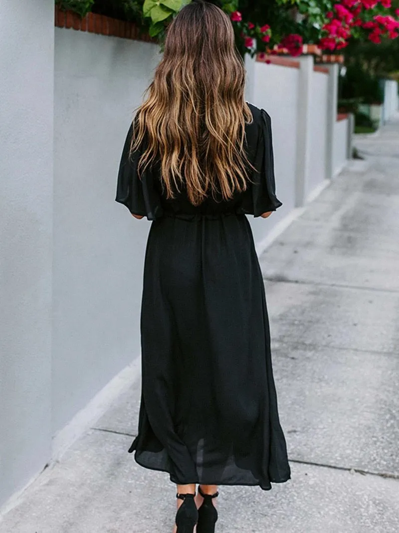 Boho Midi Dress, Beach Dress, Embroidered Dress, Holly in Black