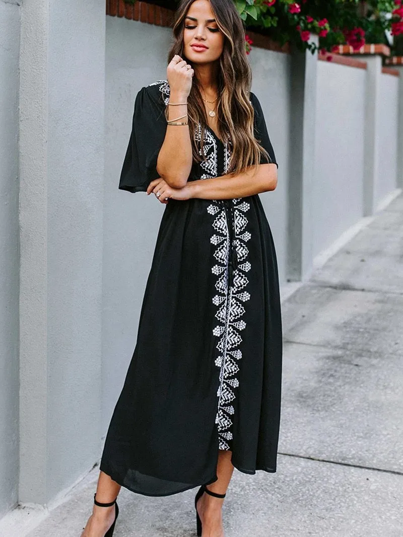 Boho Midi Dress, Beach Dress, Embroidered Dress, Holly in Black
