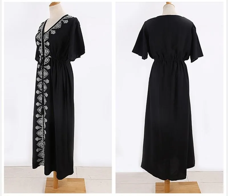 Boho Midi Dress, Beach Dress, Embroidered Dress, Holly in Black