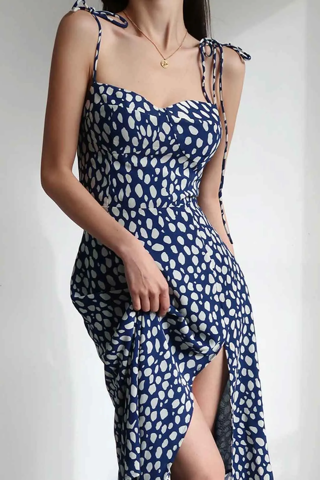 Boho Midi Dress, Strappy Sundress, Blue white  Ink