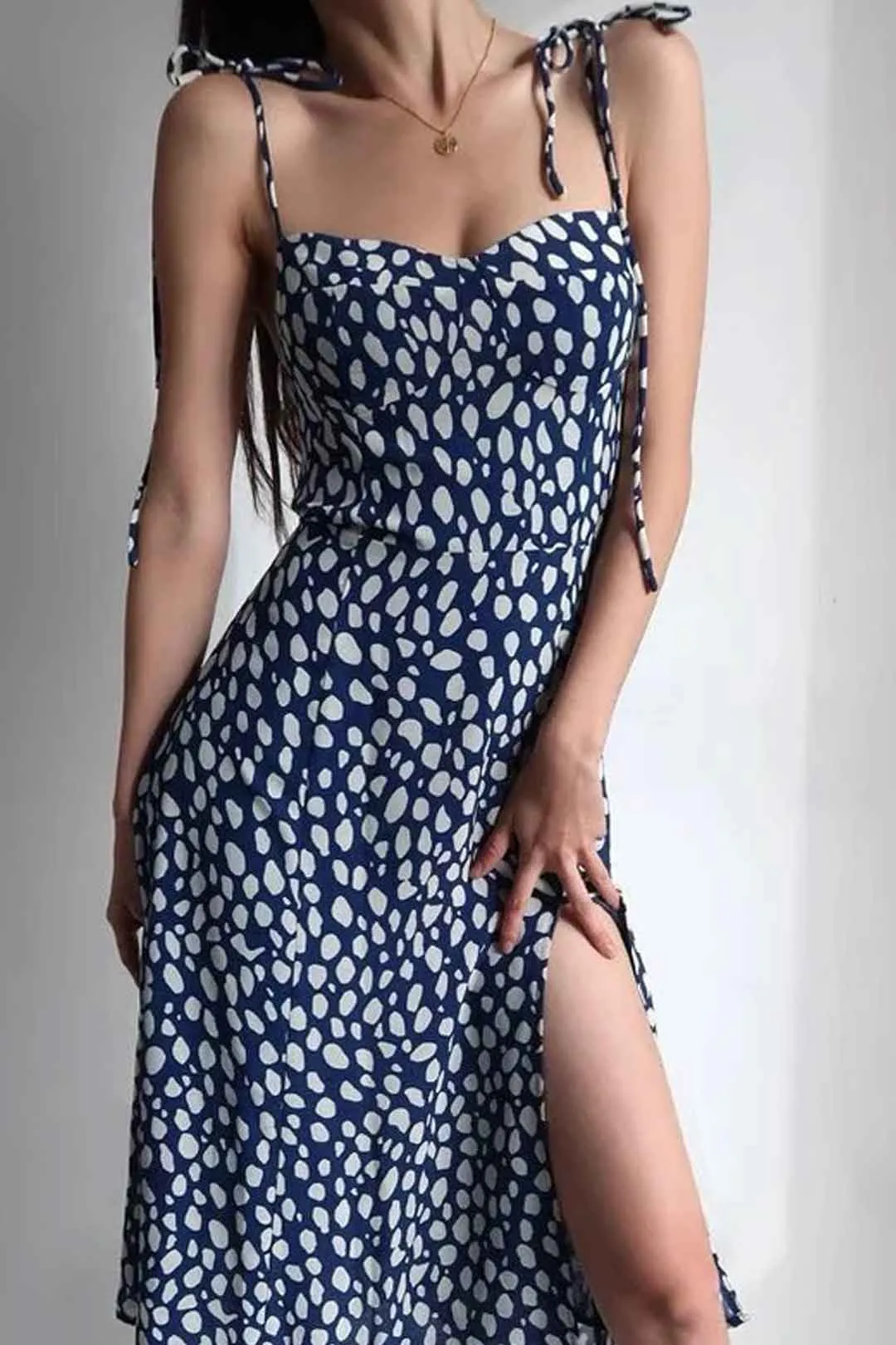 Boho Midi Dress, Strappy Sundress, Blue white  Ink