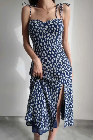 Boho Midi Dress, Strappy Sundress, Blue white  Ink