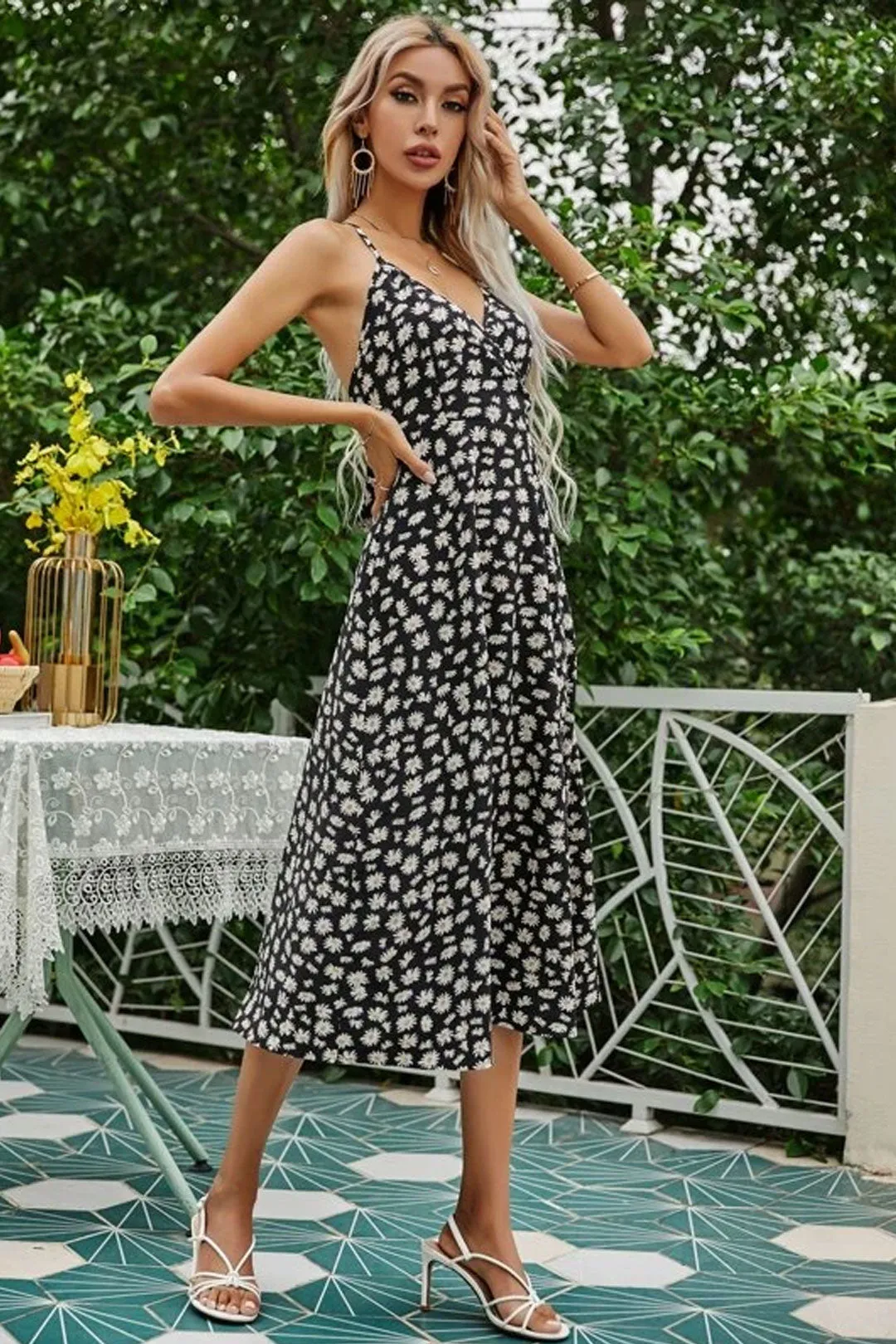 Boho Midi Dress, Strappy Sundress Emilie in Floral Black