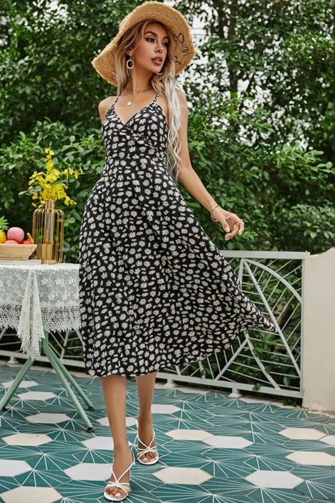 Boho Midi Dress, Strappy Sundress Emilie in Floral Black