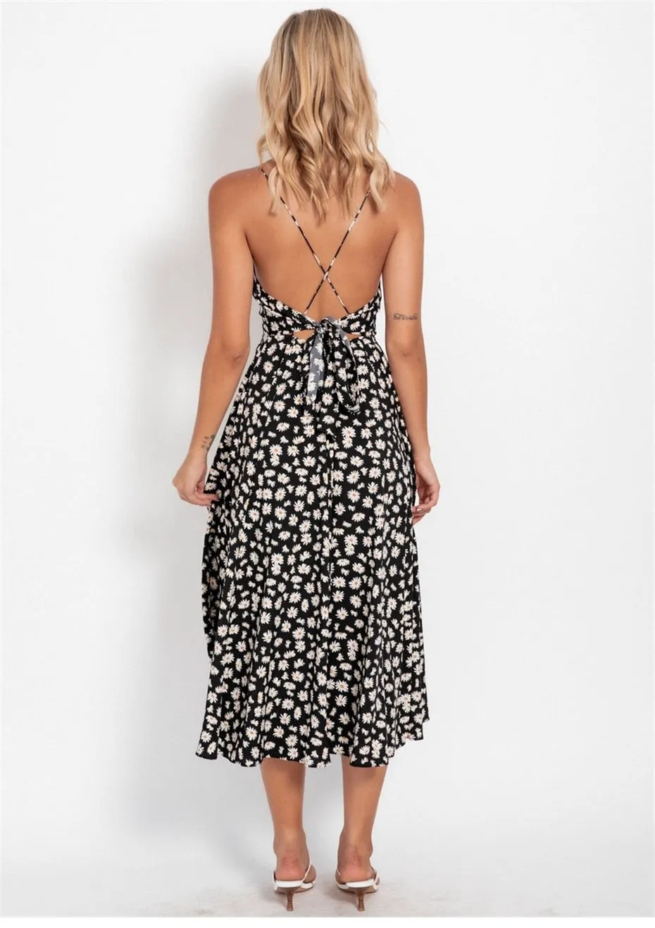 Boho Midi Dress, Strappy Sundress Emilie in Floral Black