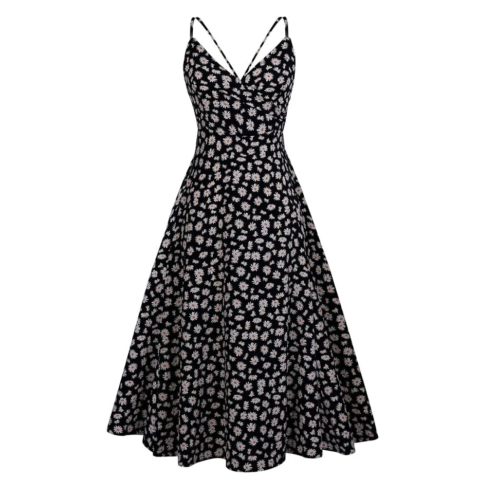 Boho Midi Dress, Strappy Sundress Emilie in Floral Black