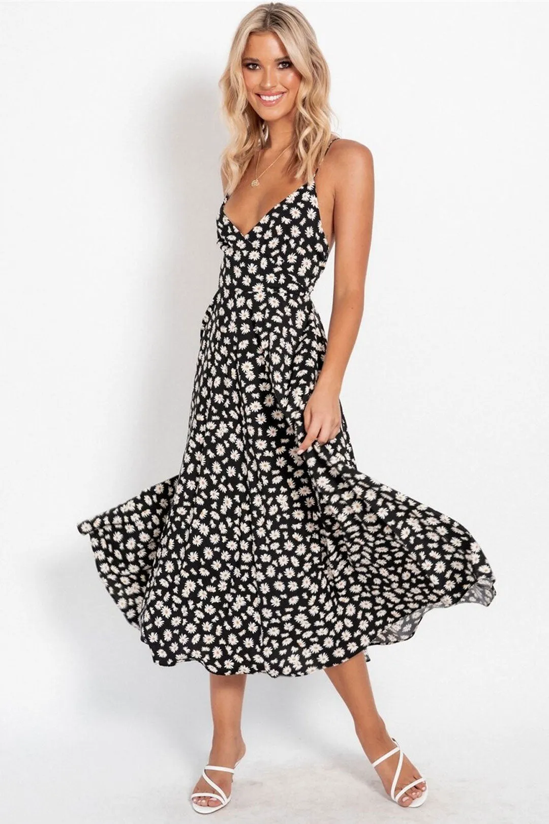Boho Midi Dress, Strappy Sundress Emilie in Floral Black