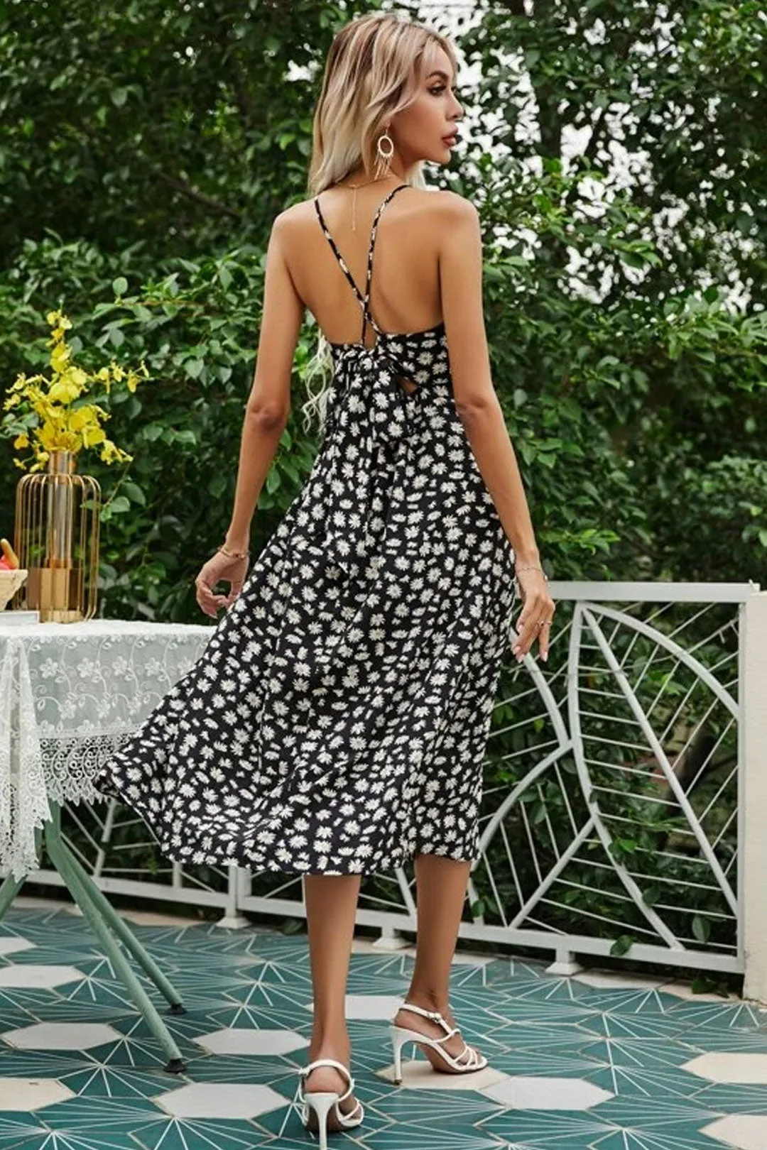 Boho Midi Dress, Strappy Sundress Emilie in Floral Black