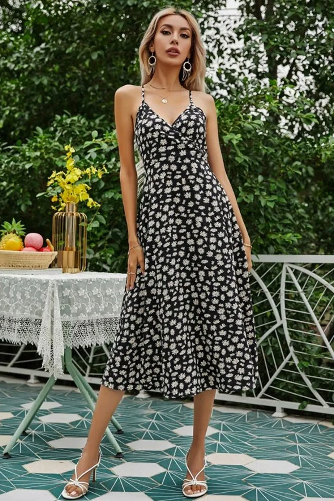 Boho Midi Dress, Strappy Sundress Emilie in Floral Black