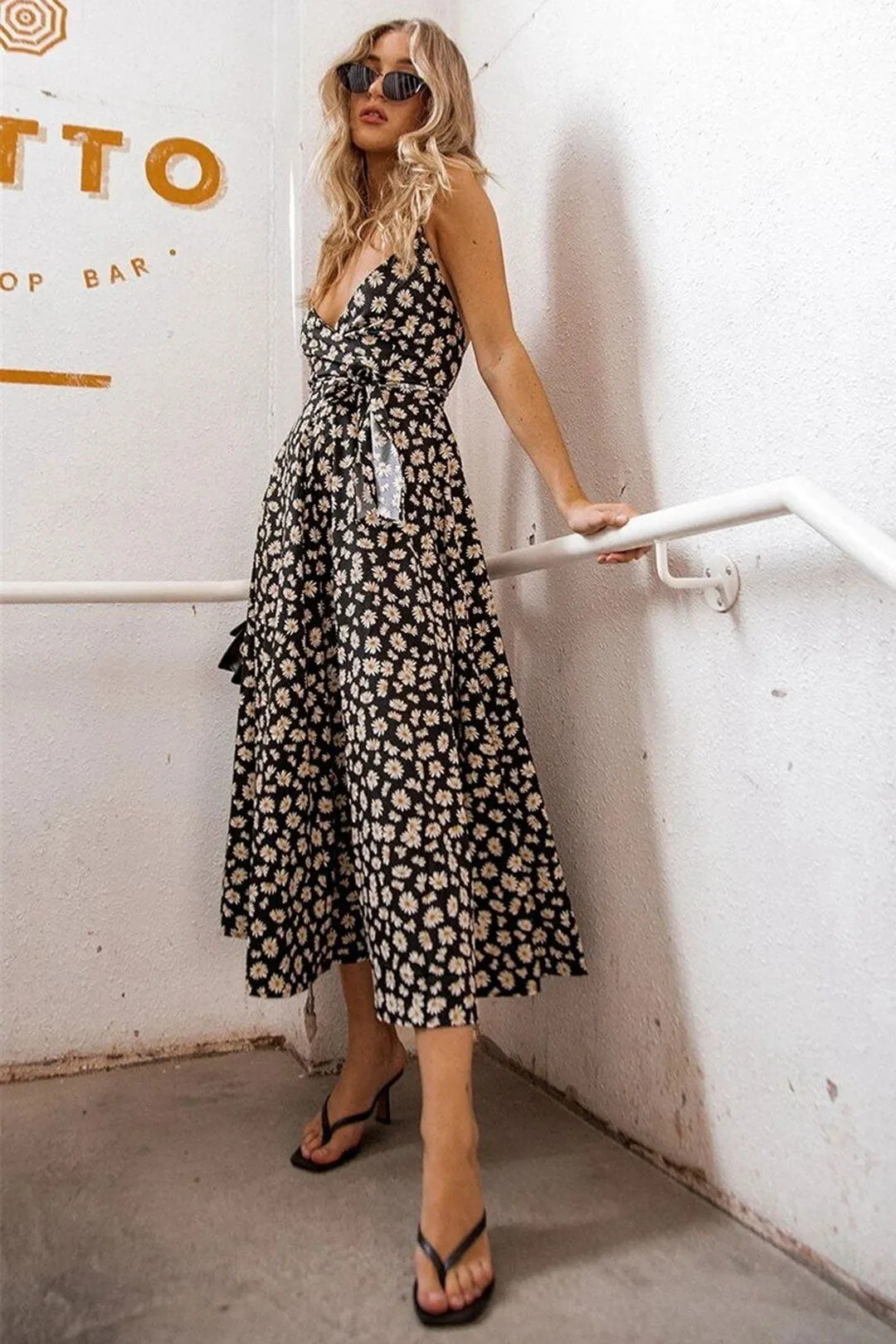 Boho Midi Dress, Strappy Sundress Emilie in Floral Black