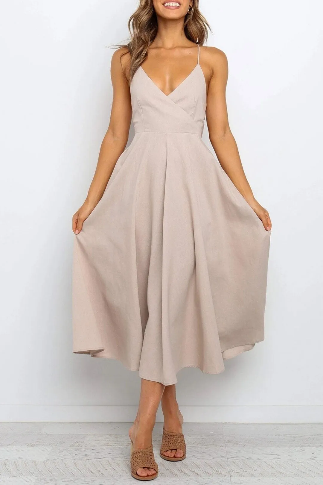 Boho Midi Dress, Strappy Sundress Emilie in Floral Black