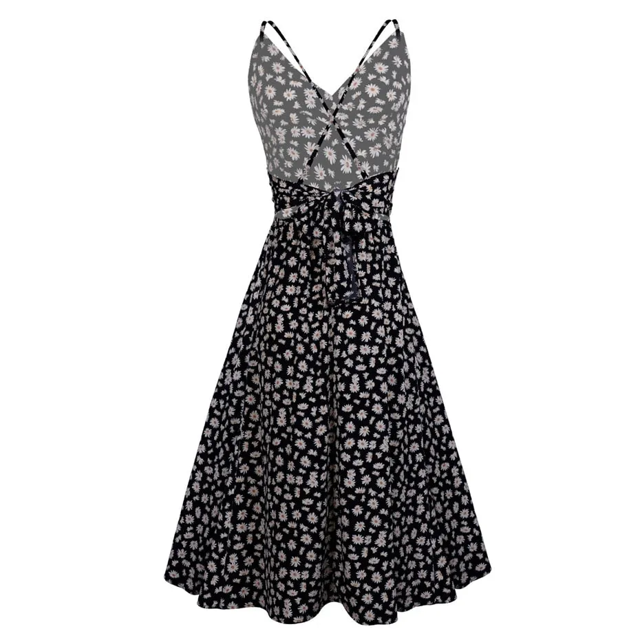 Boho Midi Dress, Strappy Sundress Emilie in Floral Black
