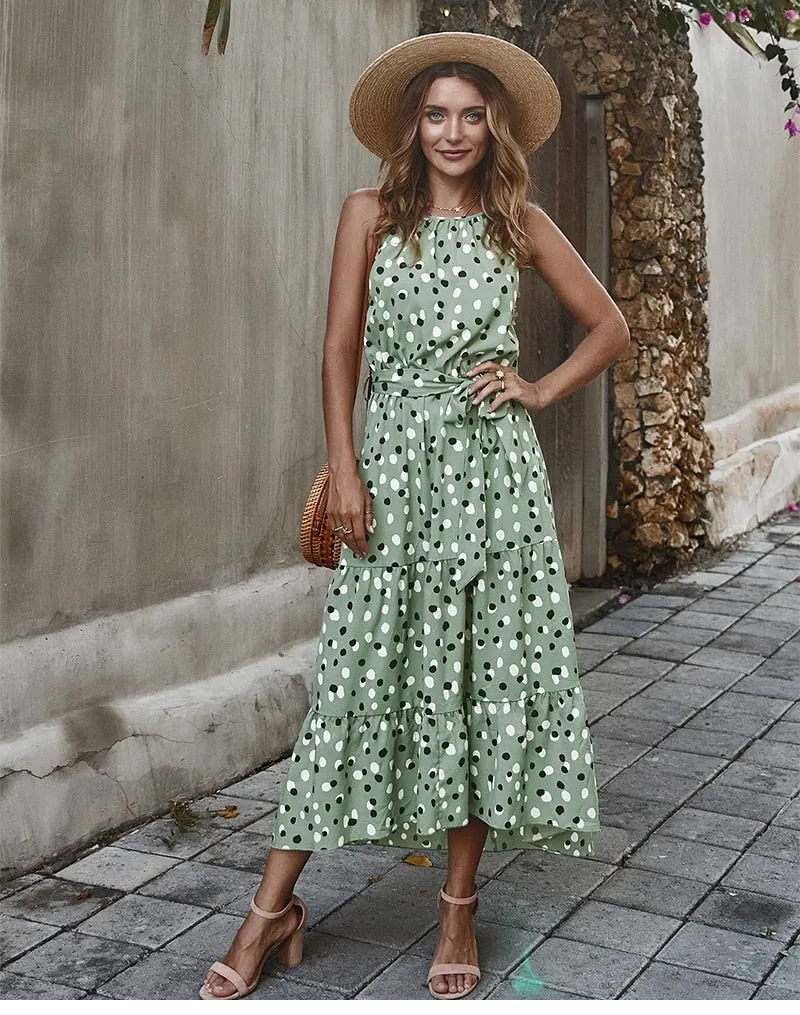 Boho Midi Dress, Strappy Sundress, Polka Dot in Green