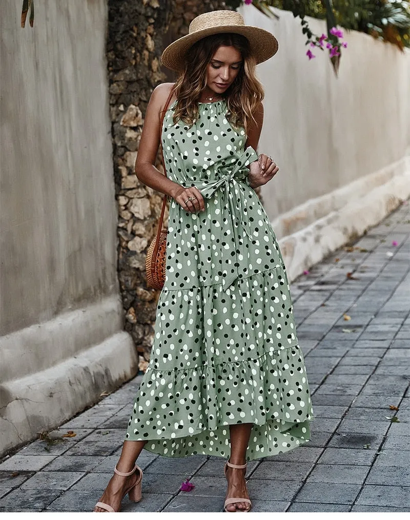 Boho Midi Dress, Strappy Sundress, Polka Dot in Green