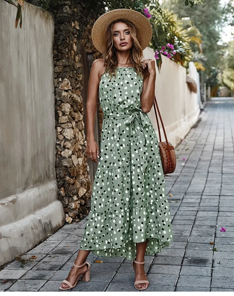 Boho Midi Dress, Strappy Sundress, Polka Dot in Green