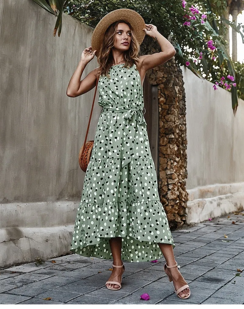Boho Midi Dress, Strappy Sundress, Polka Dot in Green