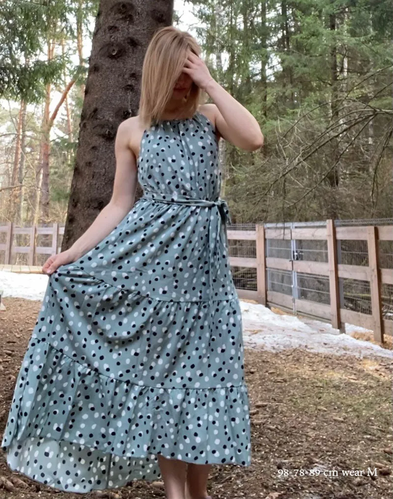 Boho Midi Dress, Strappy Sundress, Polka Dot in Green