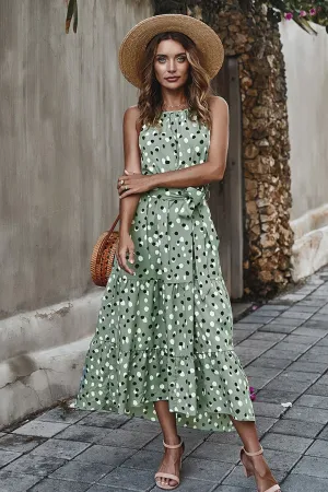Boho Midi Dress, Strappy Sundress, Polka Dot in Green