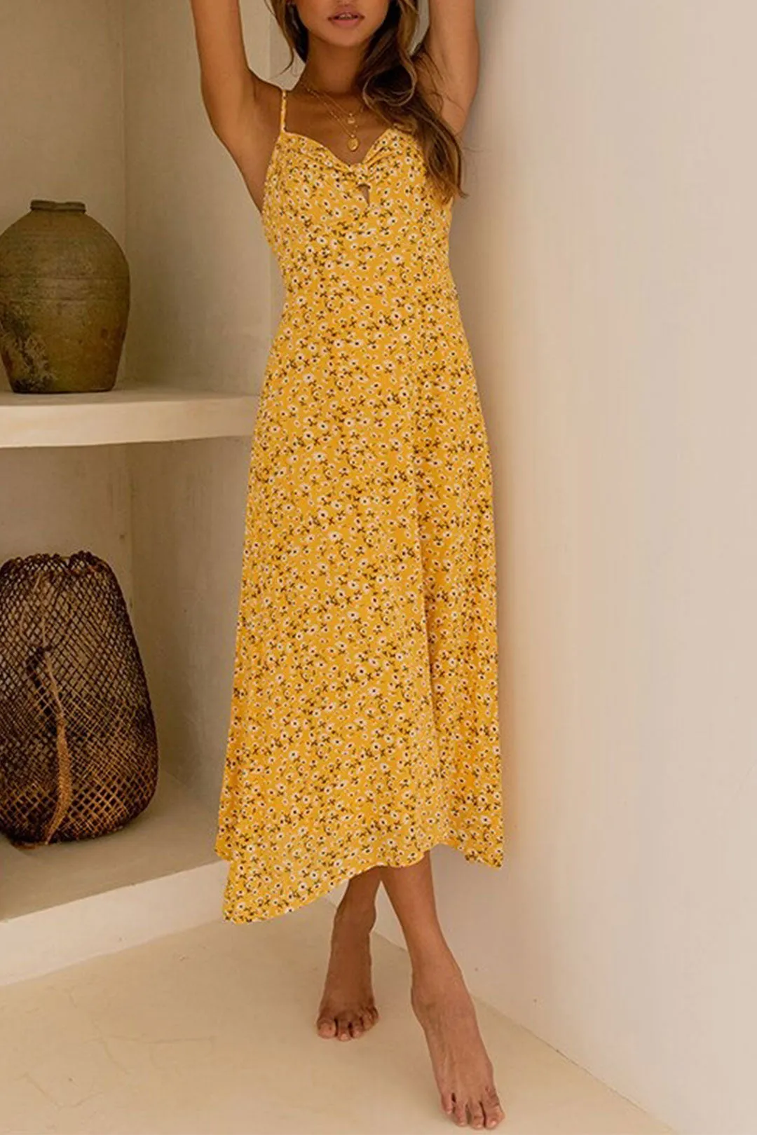 Boho Midi Dress, Strappy, Yellow Evangeline