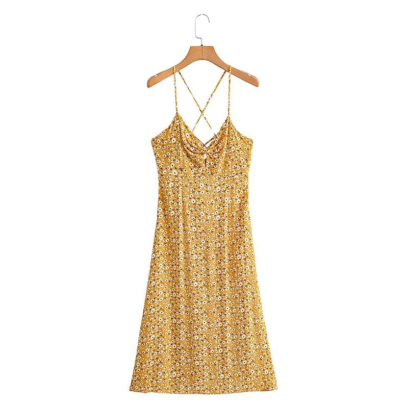 Boho Midi Dress, Strappy, Yellow Evangeline