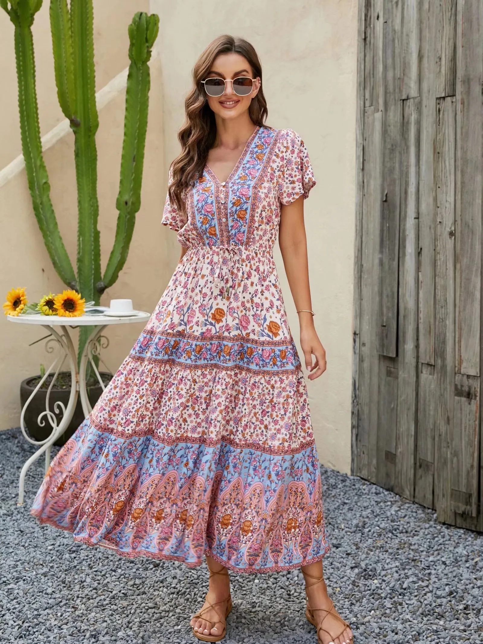 Boho Midi Dress, Sundress, Aubrey Scilla in Pink and Green