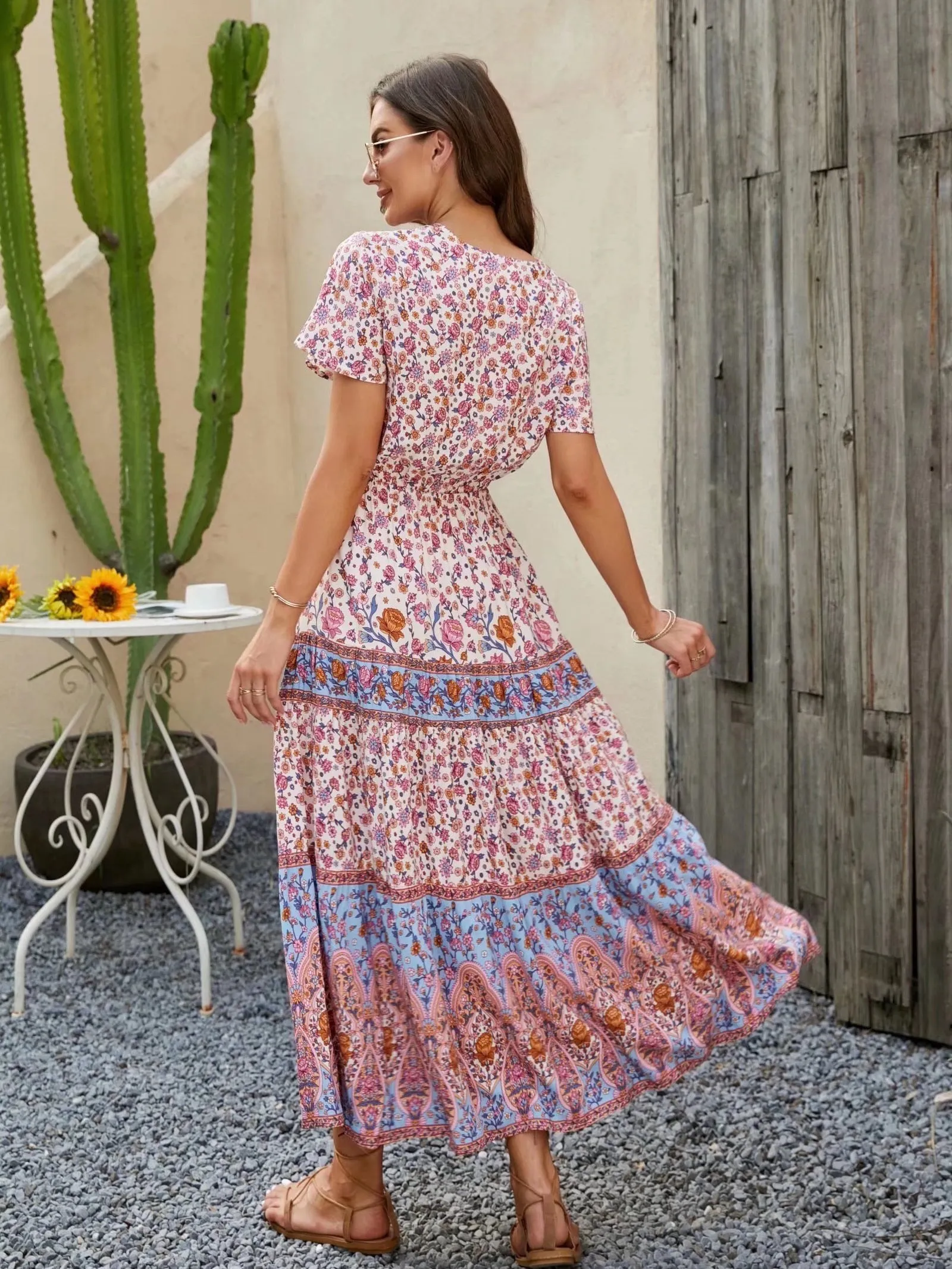 Boho Midi Dress, Sundress, Aubrey Scilla in Pink and Green