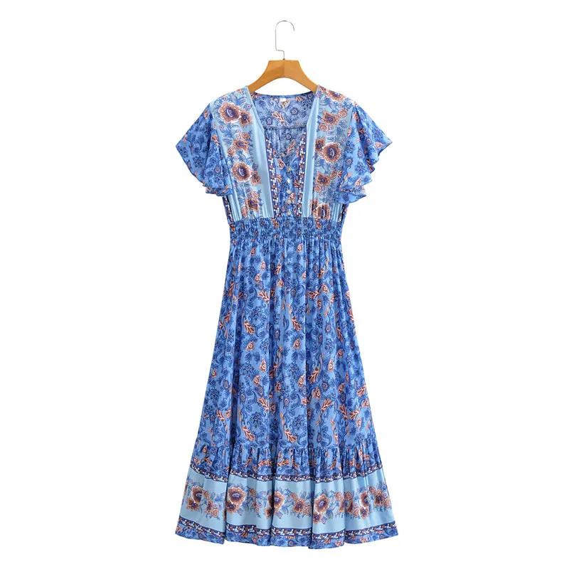 Boho Midi Dress, Sundress, Blue Sage