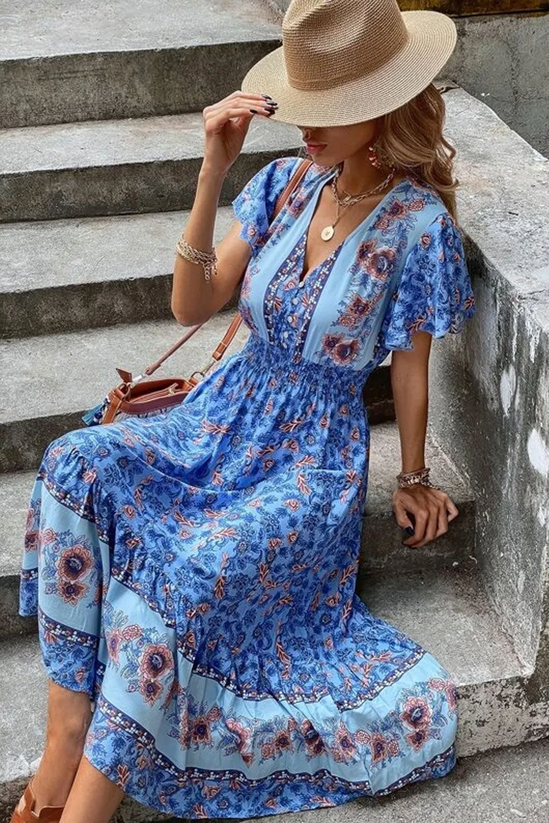 Boho Midi Dress, Sundress, Blue Sage