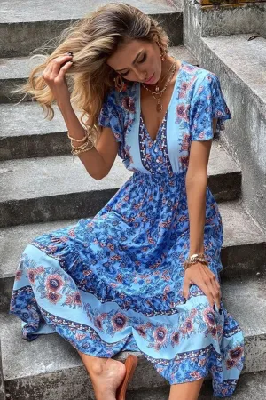 Boho Midi Dress, Sundress, Blue Sage