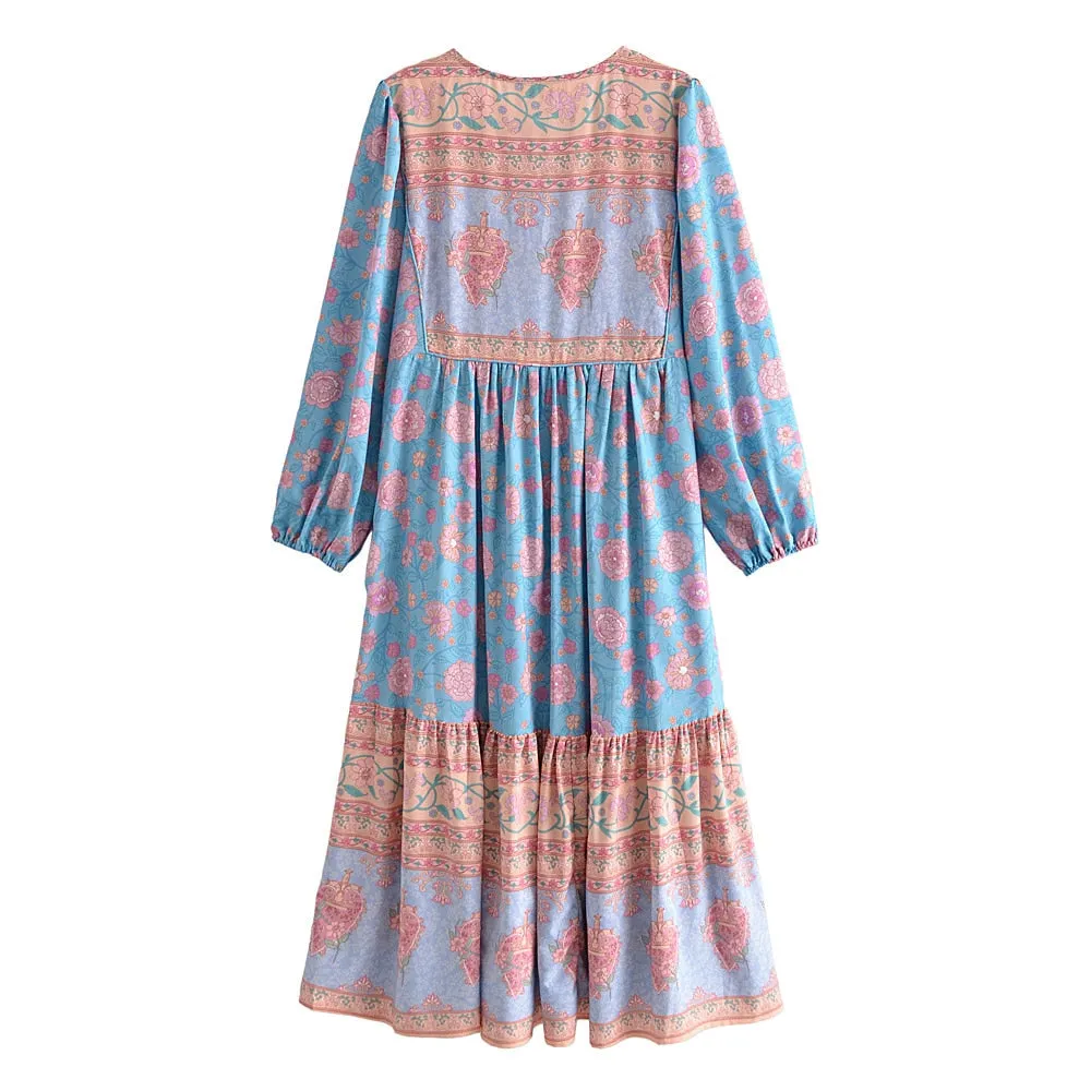 Boho Midi Dress, Sundress, Blue Secret Heart