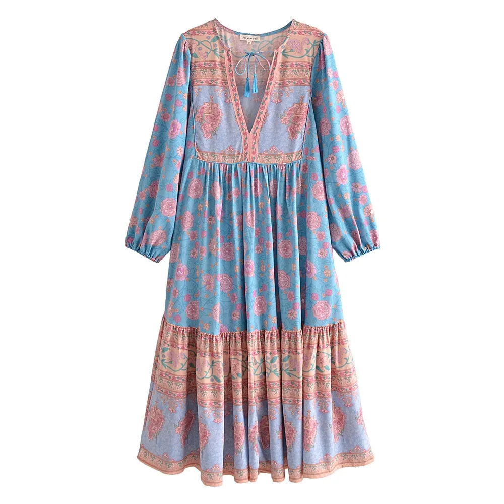Boho Midi Dress, Sundress, Blue Secret Heart