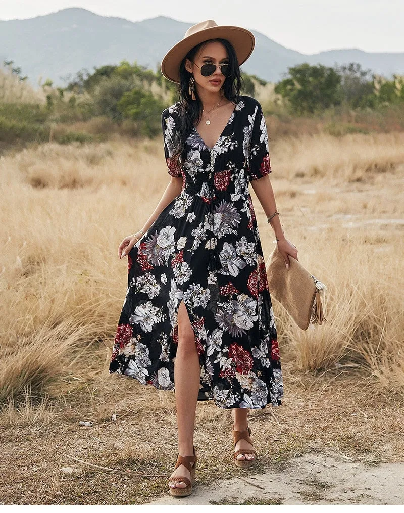 Boho Midi Dress, Sundress, Canna in Black