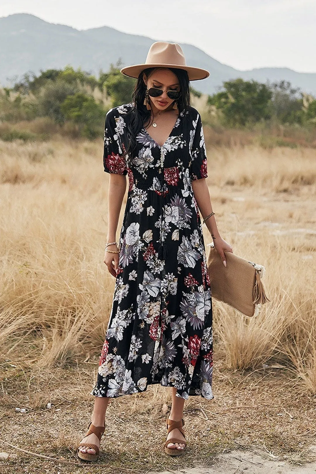 Boho Midi Dress, Sundress, Canna in Black