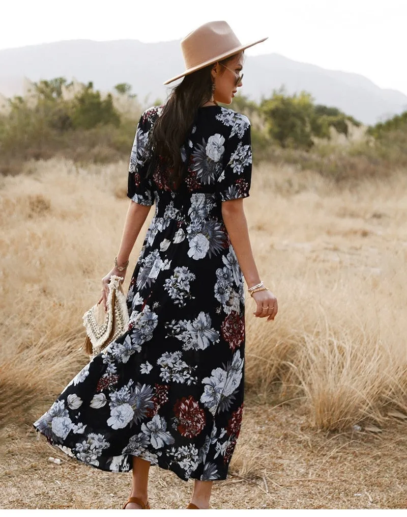 Boho Midi Dress, Sundress, Canna in Black