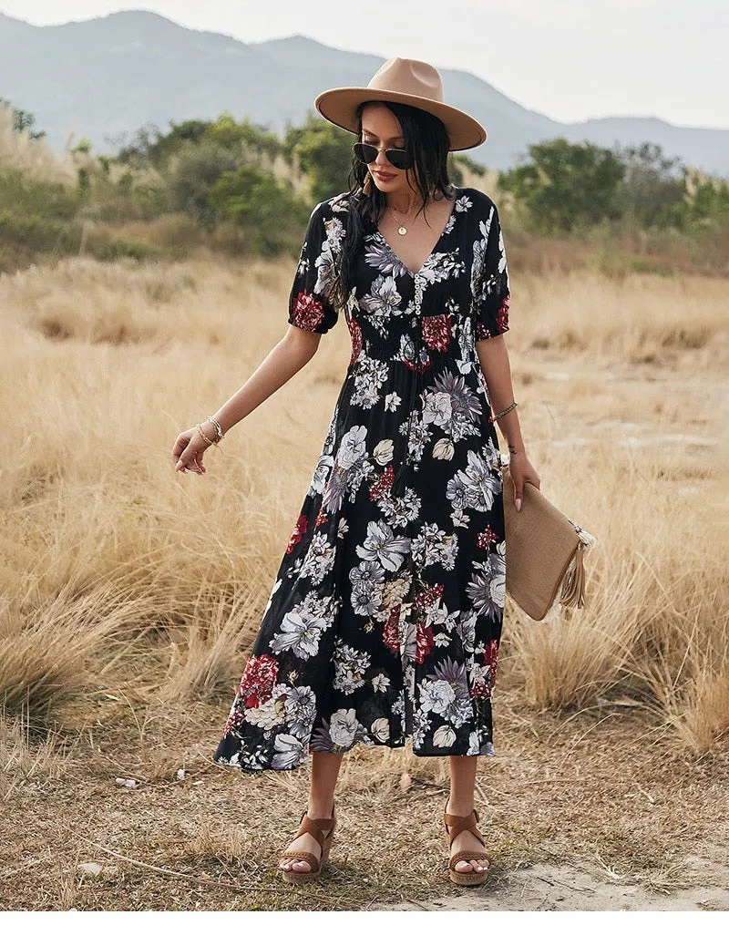 Boho Midi Dress, Sundress, Canna in Black