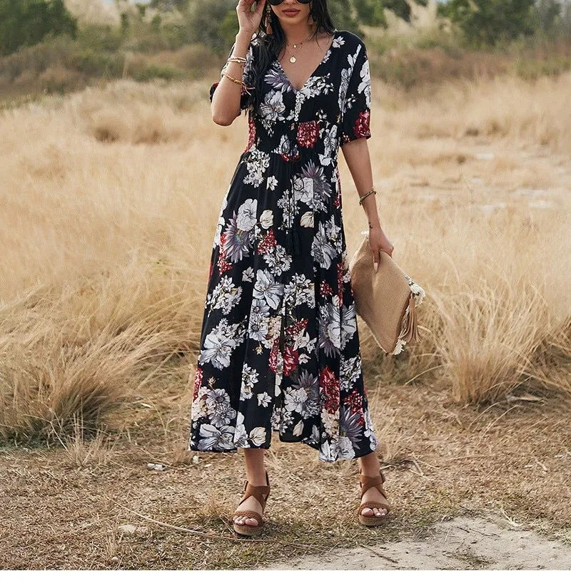Boho Midi Dress, Sundress, Canna in Black
